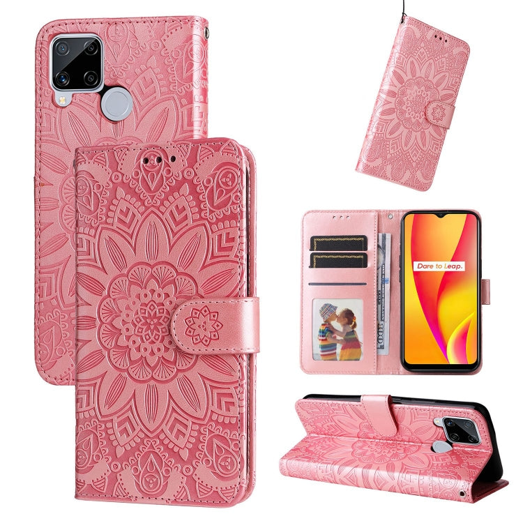 Rose pink embossed sunflower leather wallet phone case with card slots and stand