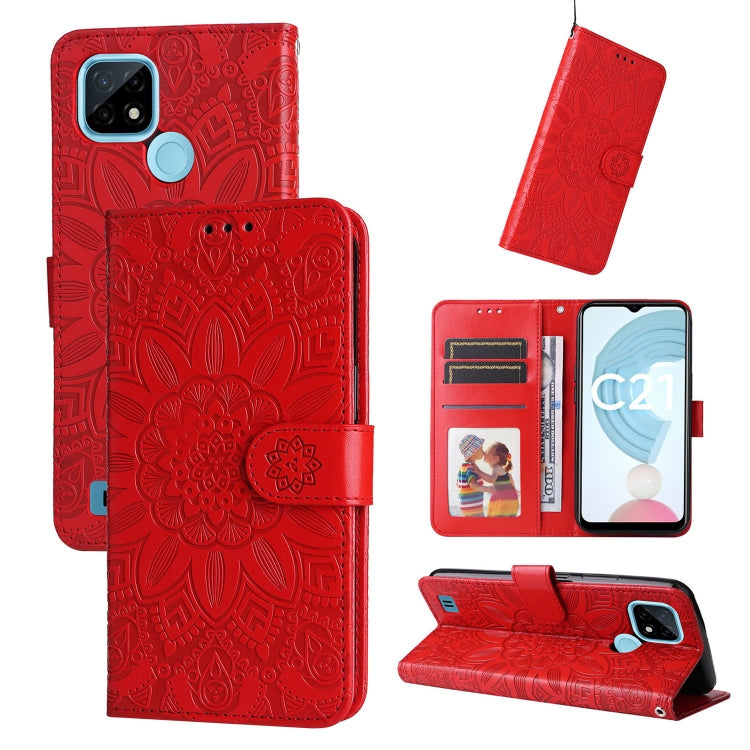 Red embossed sunflower leather wallet phone case with card slots and fold-out stand