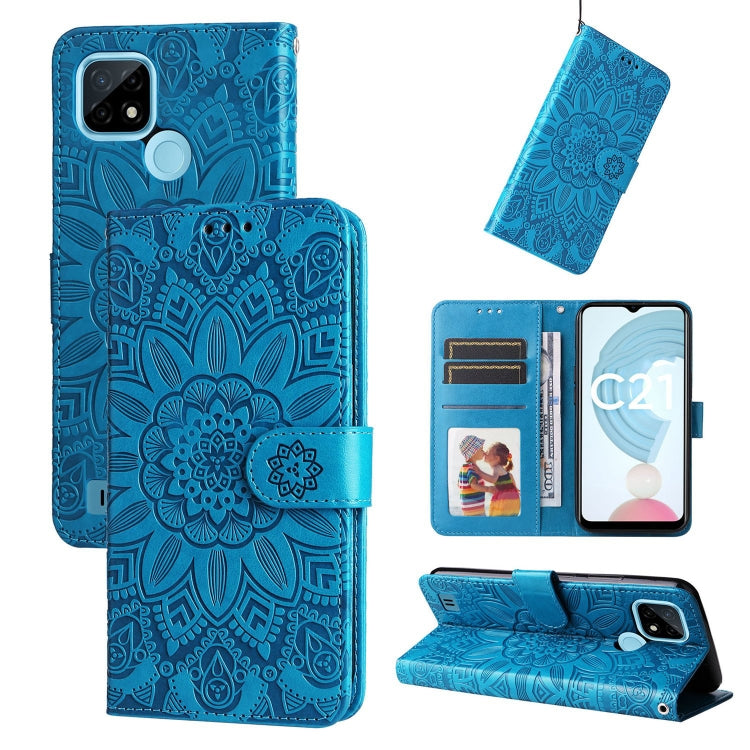Blue embossed sunflower leather wallet phone case with card slots and flip stand