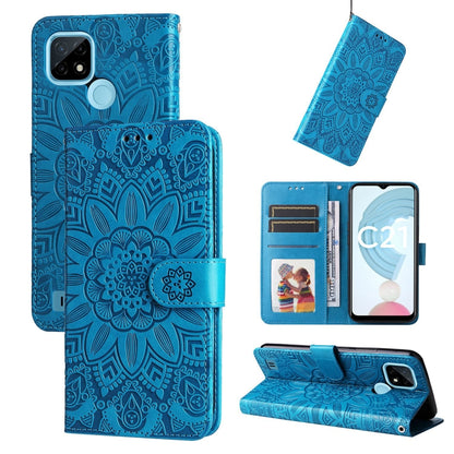 Blue embossed sunflower leather wallet phone case with card slots and flip stand