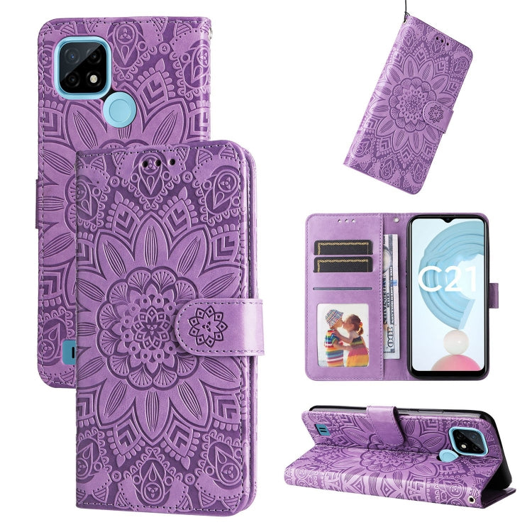 Purple embossed sunflower leather wallet phone case with card slots and stand