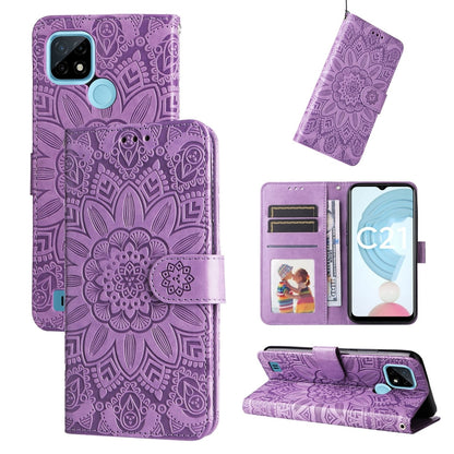 Purple embossed sunflower leather wallet phone case with card slots and stand
