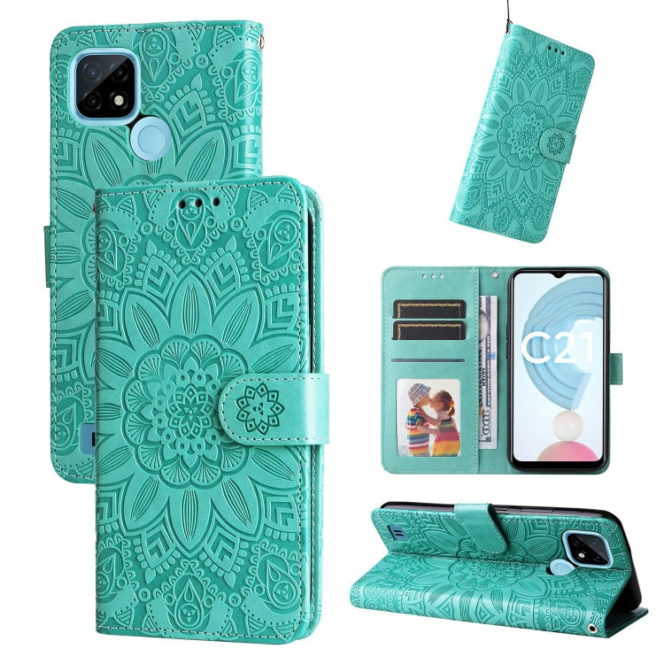 Green embossed sunflower leather wallet phone case with card slots and flip stand