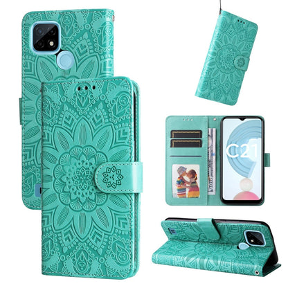 Green embossed sunflower leather wallet phone case with card slots and flip stand
