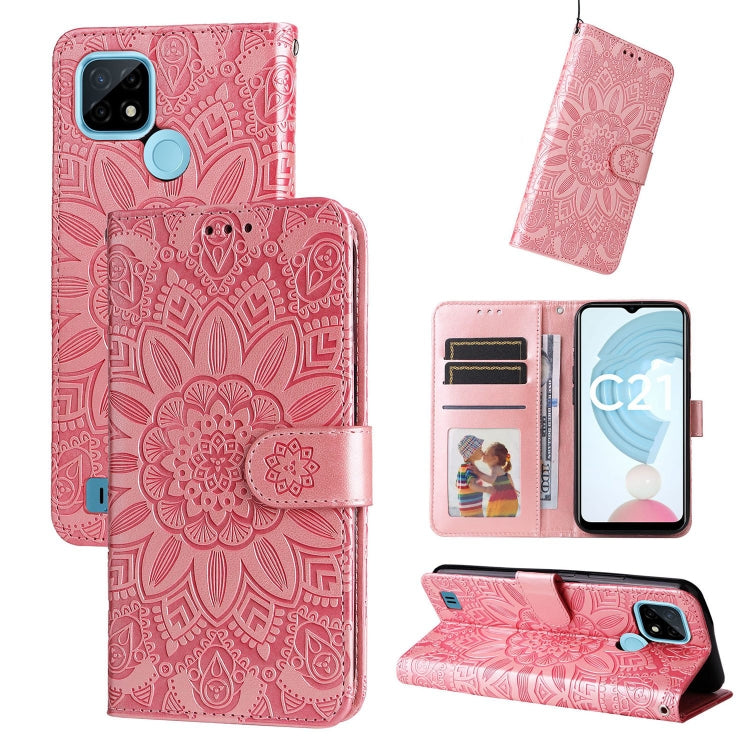 Rose pink embossed sunflower leather wallet phone case with card slots and kickstand