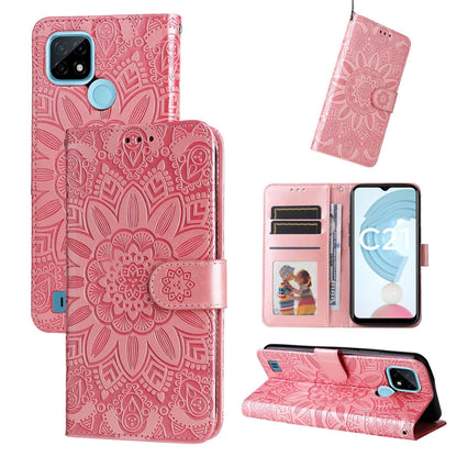 Rose pink embossed sunflower leather wallet phone case with card slots and kickstand