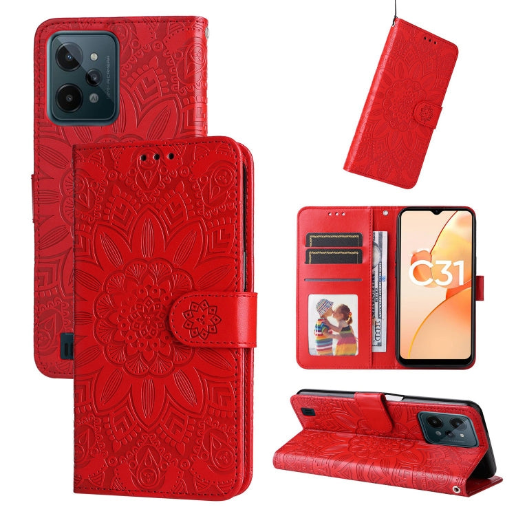 Red embossed sunflower leather wallet phone case with card slots and viewing stand