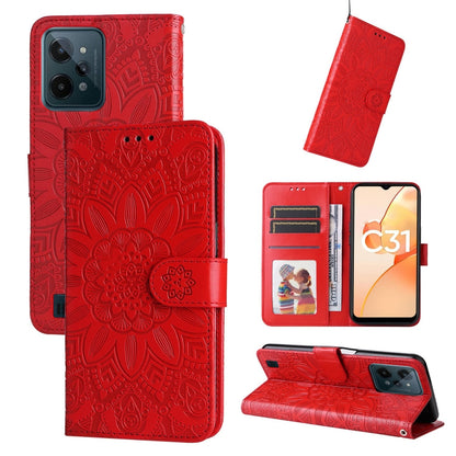 Red embossed sunflower leather wallet phone case with card slots and viewing stand