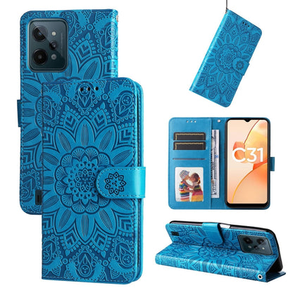 Blue embossed sunflower leather wallet phone case with card slots and flip cover stand