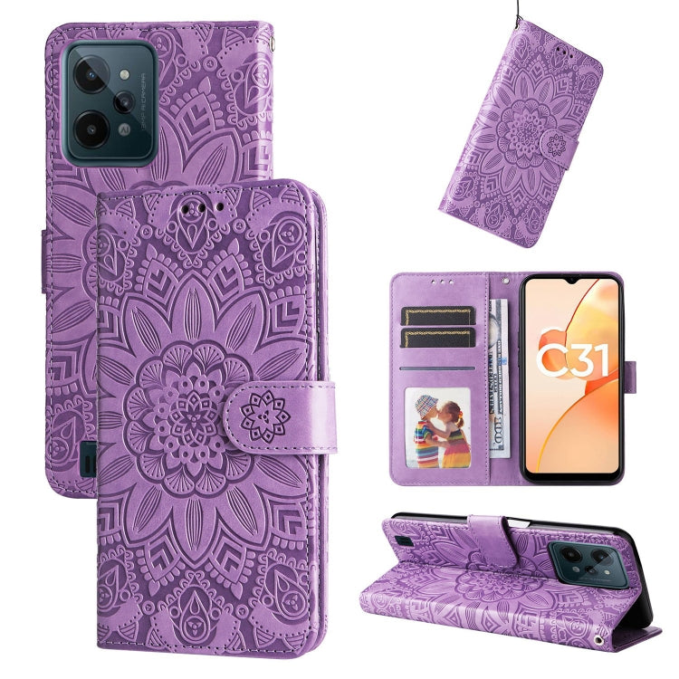 Purple embossed sunflower leather wallet phone case with card slots and fold-out stand