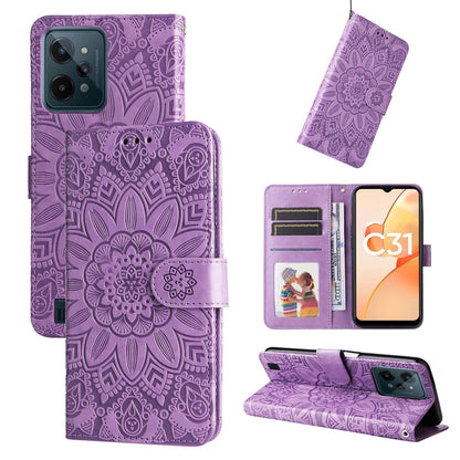Purple embossed sunflower leather wallet phone case with card slots and fold-out stand