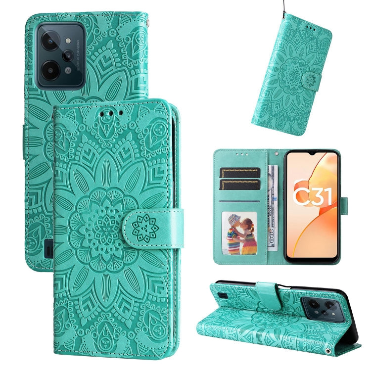 Green embossed sunflower leather wallet phone case with card slots and kickstand
