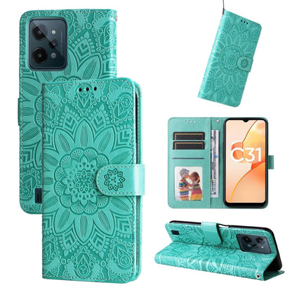 Green embossed sunflower leather wallet phone case with card slots and kickstand