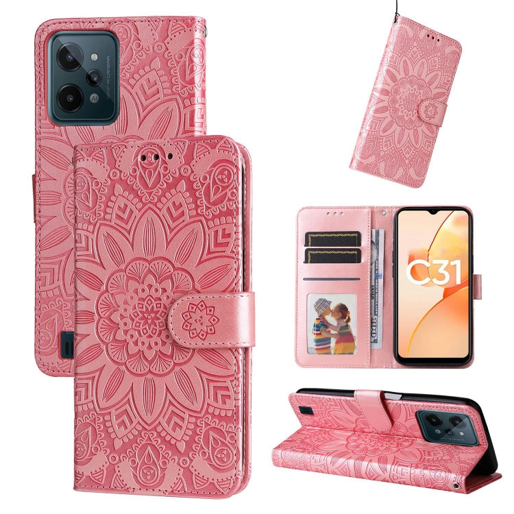 Pink embossed sunflower leather wallet phone case with magnetic flap and card slots