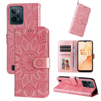 Pink embossed sunflower leather wallet phone case with magnetic flap and card slots