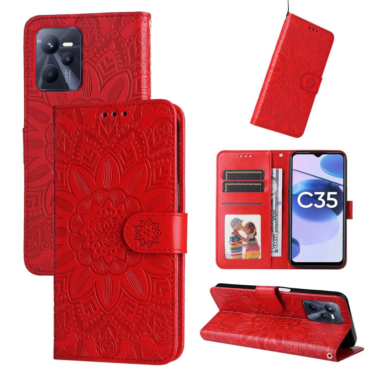 Red embossed sunflower leather wallet phone case with magnetic flap and card slots