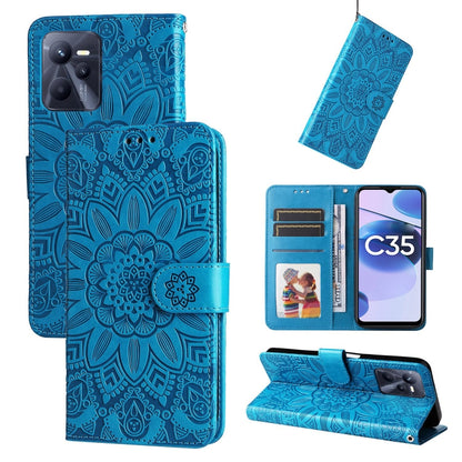 Blue embossed sunflower leather wallet phone case with magnetic flap and card slots
