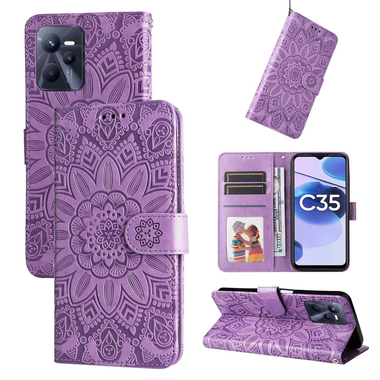 Purple embossed sunflower leather wallet phone case with magnetic flap and card slots