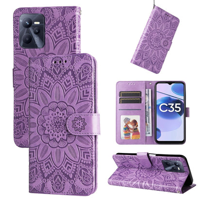 Purple embossed sunflower leather wallet phone case with magnetic flap and card slots
