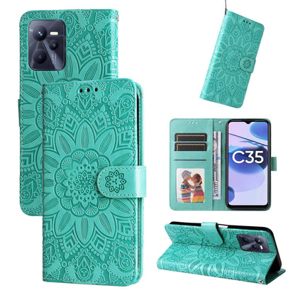 Green embossed sunflower leather wallet phone case with magnetic flap and card slots