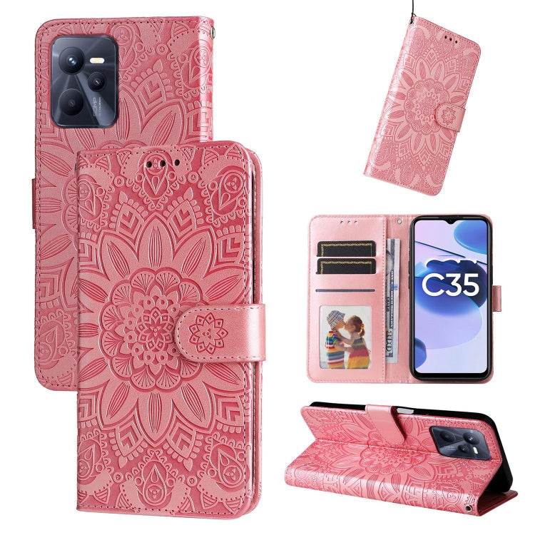 Rose-pink embossed sunflower leather folio phone case with magnetic flap and stand
