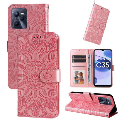 Rose-pink embossed sunflower leather folio phone case with magnetic flap and stand