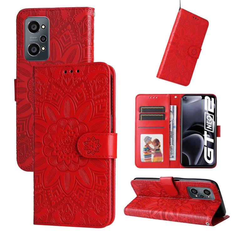 Red embossed sunflower leather folio phone case with magnetic flap and stand