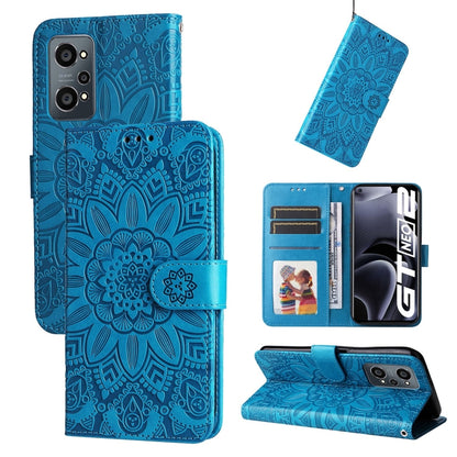 Blue embossed sunflower leather folio phone case with magnetic flap and stand