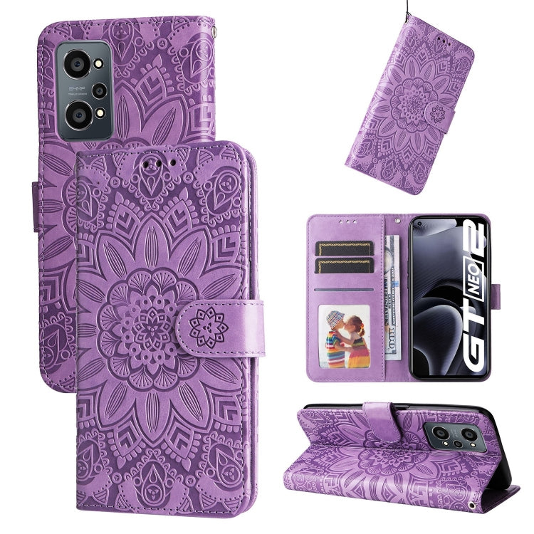 Purple embossed sunflower leather folio phone case with magnetic flap and stand