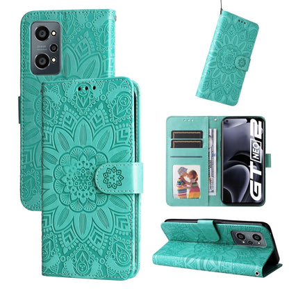 Teal green embossed sunflower leather folio phone case with magnetic flap and stand