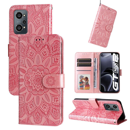 Rose pink embossed sunflower folio phone case with card slots and strap closure