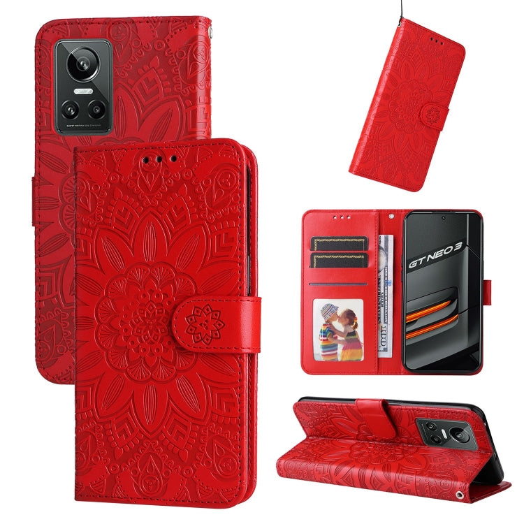Red embossed sunflower folio phone case with card slots and camera cutout