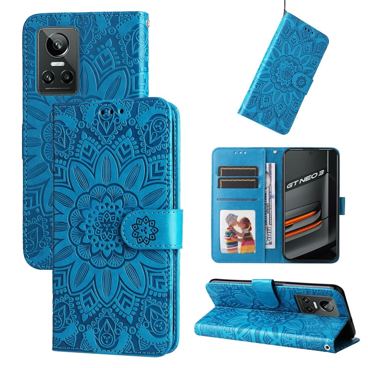 Blue embossed sunflower folio phone case with card slots and stand cover
