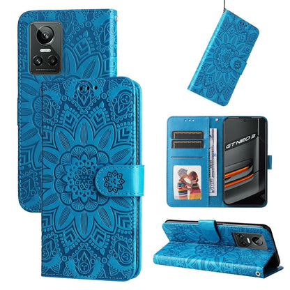 Blue embossed sunflower folio phone case with card slots and stand cover