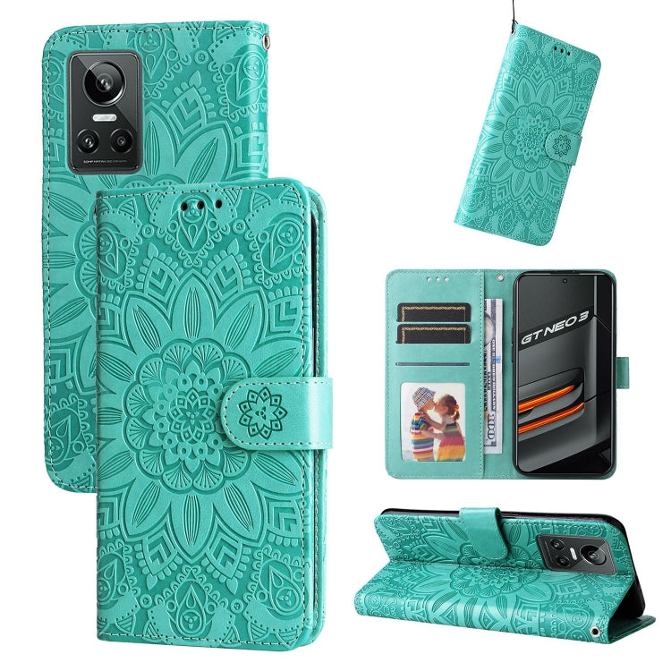 Teal embossed sunflower folio phone case with card slots and stand cover