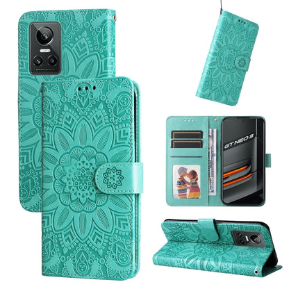 Teal embossed sunflower folio phone case with card slots and stand cover