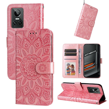 Rose pink embossed sunflower leather folio phone case with card slots and strap
