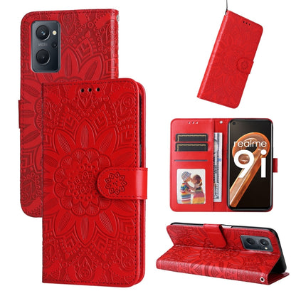 Red embossed sunflower leather folio phone case with card slots and kickstand