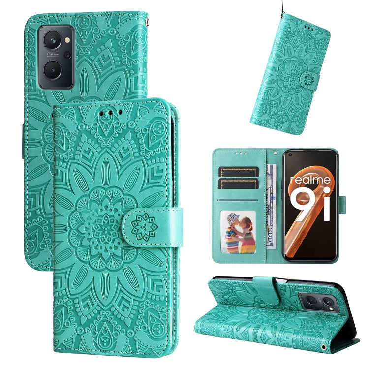 Teal embossed sunflower leather folio phone case with card slots and stand cover
