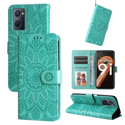 Teal embossed sunflower leather folio phone case with card slots and stand cover