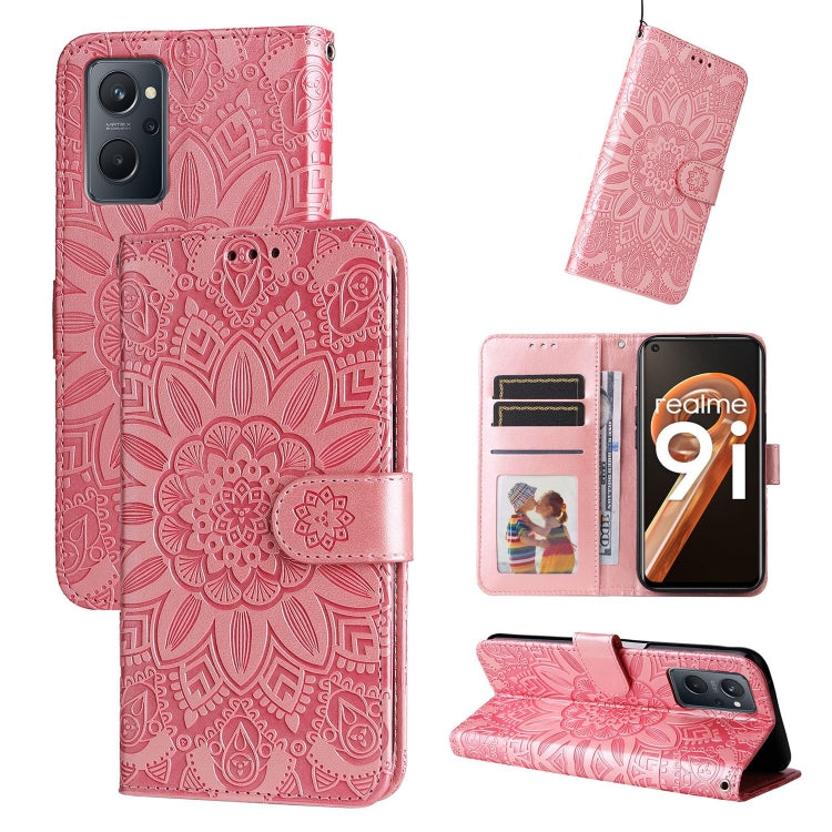 Embossed sunflower leather phone case, rose pink folio with card slots and stand