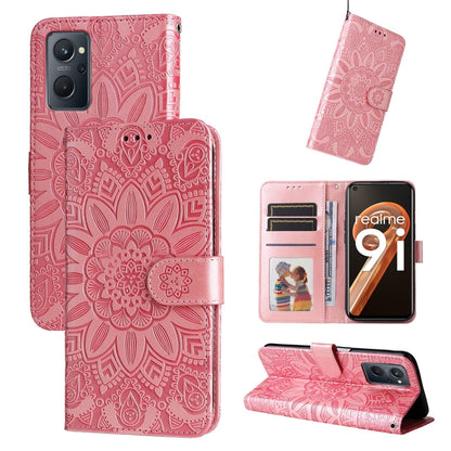 Embossed sunflower leather phone case, rose pink folio with card slots and stand