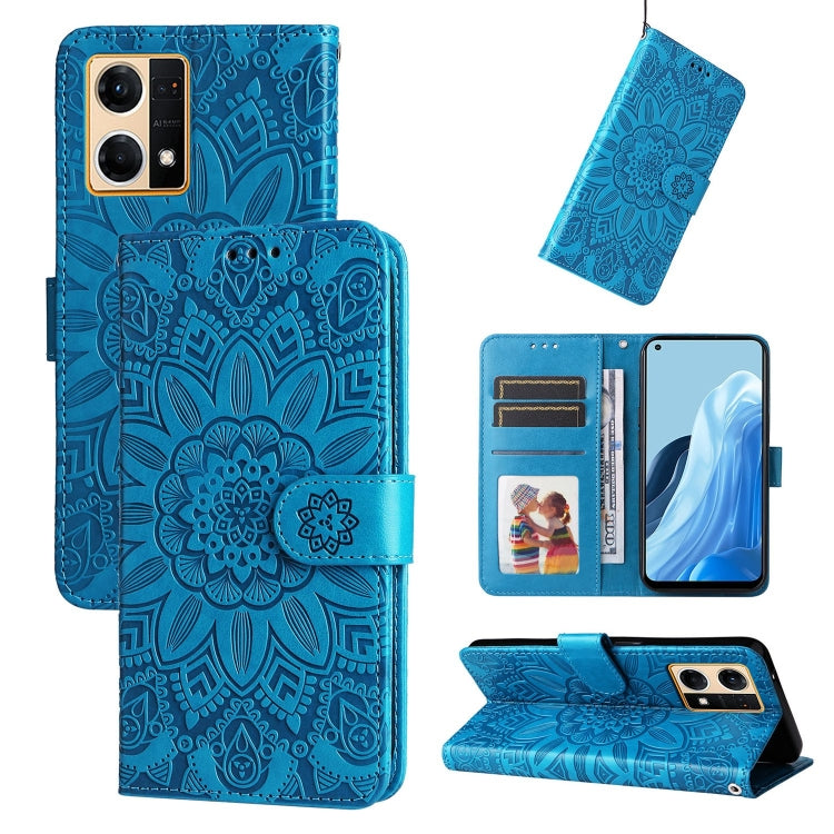Embossed sunflower leather phone case, blue folio with card slots and stand
