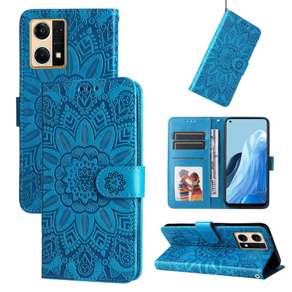 Embossed sunflower leather phone case, blue folio with card slots and stand