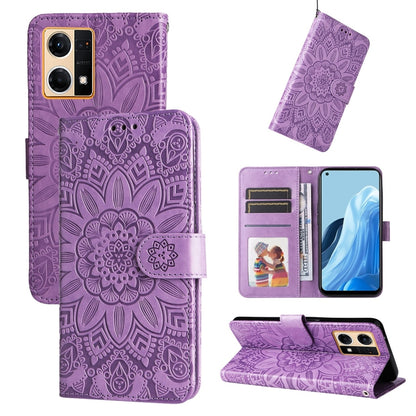 Embossed sunflower leather phone case, purple folio with card slots and kickstand