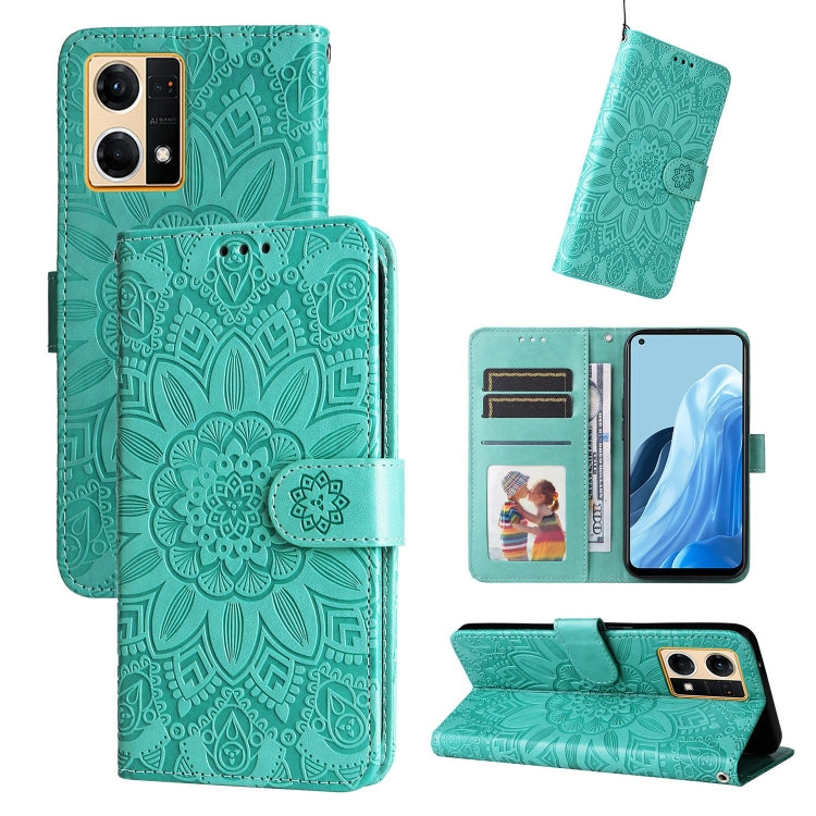 Embossed sunflower leather phone case, green folio with card slots and stand
