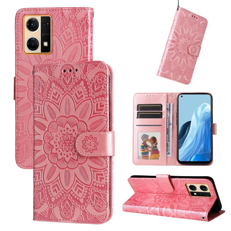 Embossed sunflower leather phone case, rose pink folio with card slots and kickstand