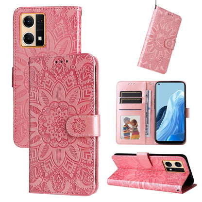 Embossed sunflower leather phone case, rose pink folio with card slots and kickstand