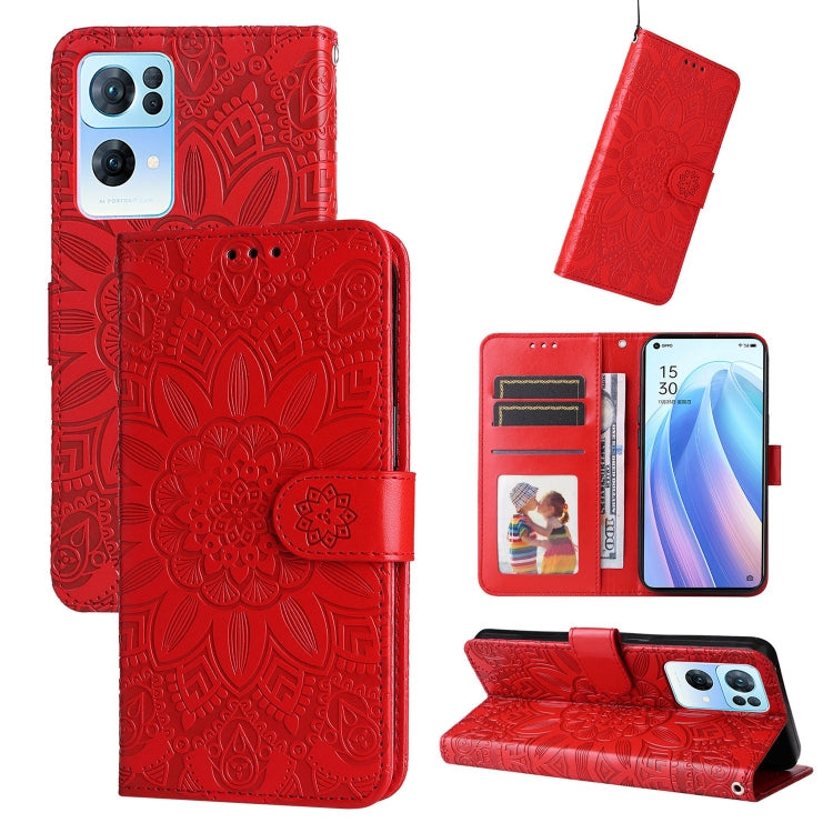 Embossed sunflower leather phone case, red folio with card slots and flip cover