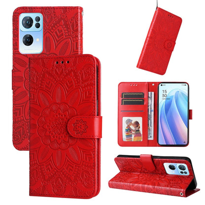 Embossed sunflower leather phone case, red folio with card slots and flip cover
